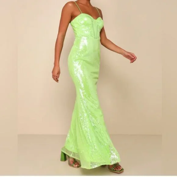 Lulus | Dresses | Lulus Phenomenal Presence Lime Green Sequin Iridescent  Look Bustier Maxi Small | Poshmark